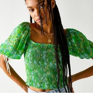 NWT Free People Back On Top Floral Puff Sleeve Smocked Crop Top